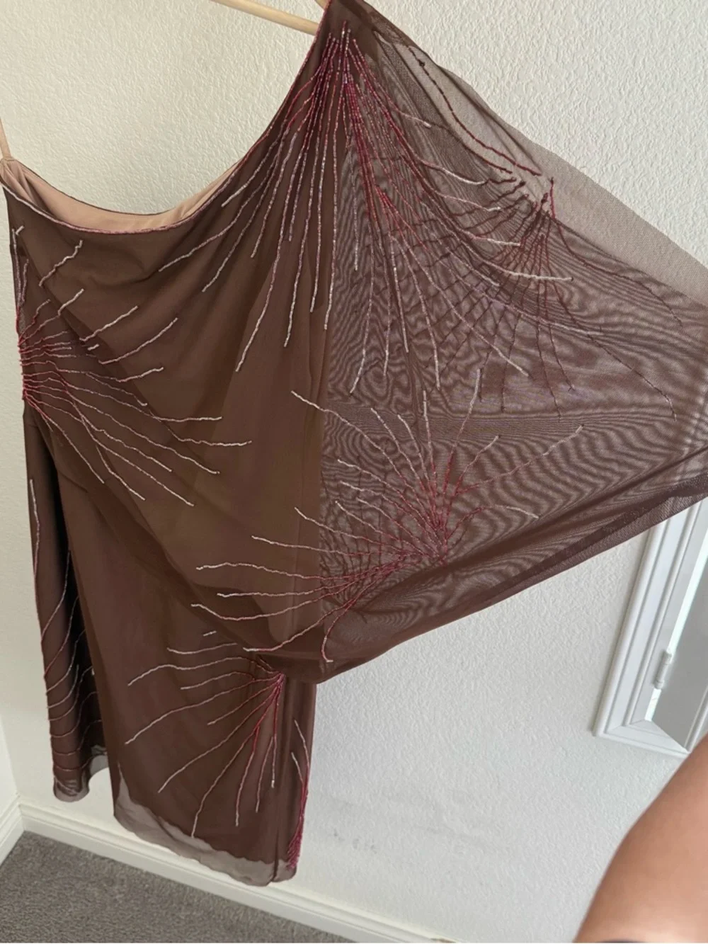 BCBG maxazria rare Y2K 90s brown one shoulder dress beaded stretchy Size M - Picture 2 of 9